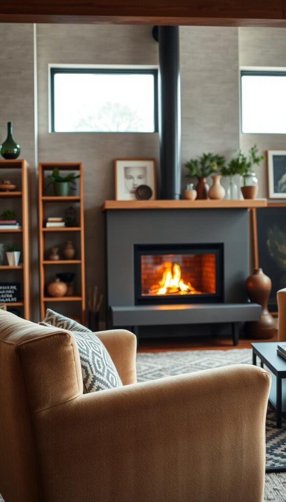 A cozy living room filled with an array of captivating focal points. A large, plush armchair with a patterned throw pillow in the foreground, inviting the viewer to sink in and relax. Behind it, a rustic wooden shelving unit displays an assortment of decorative items, from potted plants to vintage vases. In the middle ground, a sleek, modern fireplace with a striking mantelpiece commands attention, casting a warm, ambient glow. The background showcases a large window, allowing natural light to flood the space and highlight the textured walls and eclectic art pieces. The overall atmosphere is one of refined elegance and thoughtful design, creating a harmonious and visually striking focal point for the room. A cozy living room filled with an array of captivating focal points. A large, plush armchair with a patterned throw pillow in the foreground, inviting the viewer to sink in and relax. Behind it, a rustic wooden shelving unit displays an assortment of decorative items, from potted plants to vintage vases. In the middle ground, a sleek, modern fireplace with a striking mantelpiece commands attention, casting a warm, ambient glow. The background showcases a large window, allowing natural light to flood the space and highlight the textured walls and eclectic art pieces. The overall atmosphere is one of refined elegance and thoughtful design, creating a harmonious and visually striking focal point for the room.
