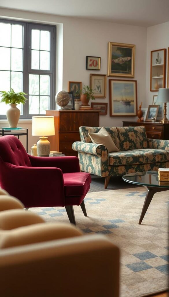 A cozy living room filled with an eclectic mix of retro furniture accents. In the foreground, a plush velvet armchair in a rich burgundy hue sits atop a stylish geometric area rug. Nearby, a mid-century modern side table with tapered legs and a sleek glass top holds a small vintage lamp, casting a warm glow. In the middle ground, a loveseat upholstered in a bold floral print complements a wooden credenza adorned with brass hardware and retro-inspired decor pieces. The background features a large window that floods the space with natural light, emphasizing the mix of old and new design elements. The overall atmosphere is one of refined elegance and a harmonious blending of vintage and contemporary styles. A cozy living room filled with an eclectic mix of retro furniture accents. In the foreground, a plush velvet armchair in a rich burgundy hue sits atop a stylish geometric area rug. Nearby, a mid-century modern side table with tapered legs and a sleek glass top holds a small vintage lamp, casting a warm glow. In the middle ground, a loveseat upholstered in a bold floral print complements a wooden credenza adorned with brass hardware and retro-inspired decor pieces. The background features a large window that floods the space with natural light, emphasizing the mix of old and new design elements. The overall atmosphere is one of refined elegance and a harmonious blending of vintage and contemporary styles.