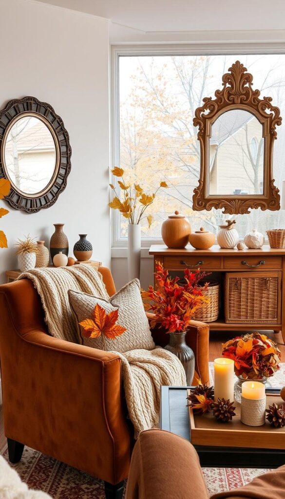 A cozy living room filled with seasonal home decor accents. In the foreground, a plush velvet armchair adorned with a knitted throw and an assortment of decorative pillows in autumnal hues. On the coffee table, a vase of vibrant fall foliage and a scented candle flickering warmly. The middle ground showcases a wooden console table displaying ceramic figurines, woven baskets, and an ornate wall mirror reflecting the room's ambiance. The background features a large window framing a picturesque outdoor scene of changing leaves and a crisp, overcast sky, casting a soft, natural light throughout the space. The overall atmosphere evokes a sense of hygge and a subtle transition into the next season. A cozy living room filled with seasonal home decor accents. In the foreground, a plush velvet armchair adorned with a knitted throw and an assortment of decorative pillows in autumnal hues. On the coffee table, a vase of vibrant fall foliage and a scented candle flickering warmly. The middle ground showcases a wooden console table displaying ceramic figurines, woven baskets, and an ornate wall mirror reflecting the room's ambiance. The background features a large window framing a picturesque outdoor scene of changing leaves and a crisp, overcast sky, casting a soft, natural light throughout the space. The overall atmosphere evokes a sense of hygge and a subtle transition into the next season.
