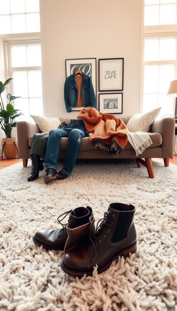 A cozy living room setting with large windows allowing natural light to flood the space. In the foreground, a pair of stylish yet casual leather boots resting on a plush area rug. In the middle ground, various fashion pieces like distressed denim, knit sweaters, and a leather jacket are artfully arranged on a wooden coffee table, showcasing effortless outfitting ideas. The background features a minimalist gallery wall with framed artwork, creating a chic and inviting ambiance. The lighting is warm and soft, enhancing the overall relaxed and comfortable vibe. Shoot with a wide-angle lens to capture the full composition. A cozy living room setting with large windows allowing natural light to flood the space. In the foreground, a pair of stylish yet casual leather boots resting on a plush area rug. In the middle ground, various fashion pieces like distressed denim, knit sweaters, and a leather jacket are artfully arranged on a wooden coffee table, showcasing effortless outfitting ideas. The background features a minimalist gallery wall with framed artwork, creating a chic and inviting ambiance. The lighting is warm and soft, enhancing the overall relaxed and comfortable vibe. Shoot with a wide-angle lens to capture the full composition.