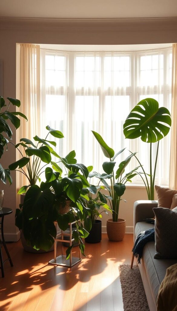 A cozy living room with a large bay window illuminating a collection of thriving indoor plants. In the foreground, a lush, leafy philodendron cascades over a mid-century modern side table. Beside it, a tall, sculptural monstera plant casts dramatic shadows on the warm, wooden floors. In the middle ground, a pair of fiddle-leaf fig trees stand tall, their deep green foliage complementing the soft, neutral tones of the room. Indirect, golden-hour lighting filters through sheer curtains, creating a soothing, natural ambiance. The overall scene exudes a sense of tranquility and harmonious living plant styling. A cozy living room with a large bay window illuminating a collection of thriving indoor plants. In the foreground, a lush, leafy philodendron cascades over a mid-century modern side table. Beside it, a tall, sculptural monstera plant casts dramatic shadows on the warm, wooden floors. In the middle ground, a pair of fiddle-leaf fig trees stand tall, their deep green foliage complementing the soft, neutral tones of the room. Indirect, golden-hour lighting filters through sheer curtains, creating a soothing, natural ambiance. The overall scene exudes a sense of tranquility and harmonious living plant styling.