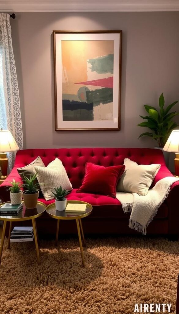 A cozy living room with a retro-inspired tufted sofa in a rich, burgundy velvet. Plush throw pillows in complementary jewel-toned hues scatter the sofa, creating a layered, inviting display. Brass and wood mid-century modern side tables flank the sofa, topped with potted plants and vintage lamps casting a warm, ambient glow. Framed abstract art adorns the wall above the sofa, echoing the room's color palette. A shaggy, earth-toned area rug grounds the space, creating a sense of depth and texture. Soft, diffused lighting filters through lace curtains, evoking a nostalgic, intimate atmosphere. A cozy living room with a retro-inspired tufted sofa in a rich, burgundy velvet. Plush throw pillows in complementary jewel-toned hues scatter the sofa, creating a layered, inviting display. Brass and wood mid-century modern side tables flank the sofa, topped with potted plants and vintage lamps casting a warm, ambient glow. Framed abstract art adorns the wall above the sofa, echoing the room's color palette. A shaggy, earth-toned area rug grounds the space, creating a sense of depth and texture. Soft, diffused lighting filters through lace curtains, evoking a nostalgic, intimate atmosphere.