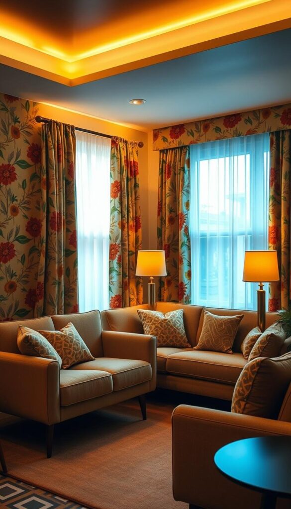 A cozy, mid-century modern living room with retro-inspired floral and geometric patterned fabrics adorning the walls, curtains, and throw pillows. Warm, indirect lighting casts a golden glow, complementing the vintage vibe. The fabrics feature a range of bold, saturated hues like mustard yellow, avocado green, and rusty orange, evoking the aesthetic of the 1960s and 1970s. The furniture has clean, angular lines and tapered legs, further reinforcing the retro ambiance. A plush, tufted sofa in a complementary fabric anchors the space, inviting relaxation. Detailed, high-resolution, photorealistic. A cozy, mid-century modern living room with retro-inspired floral and geometric patterned fabrics adorning the walls, curtains, and throw pillows. Warm, indirect lighting casts a golden glow, complementing the vintage vibe. The fabrics feature a range of bold, saturated hues like mustard yellow, avocado green, and rusty orange, evoking the aesthetic of the 1960s and 1970s. The furniture has clean, angular lines and tapered legs, further reinforcing the retro ambiance. A plush, tufted sofa in a complementary fabric anchors the space, inviting relaxation. Detailed, high-resolution, photorealistic.