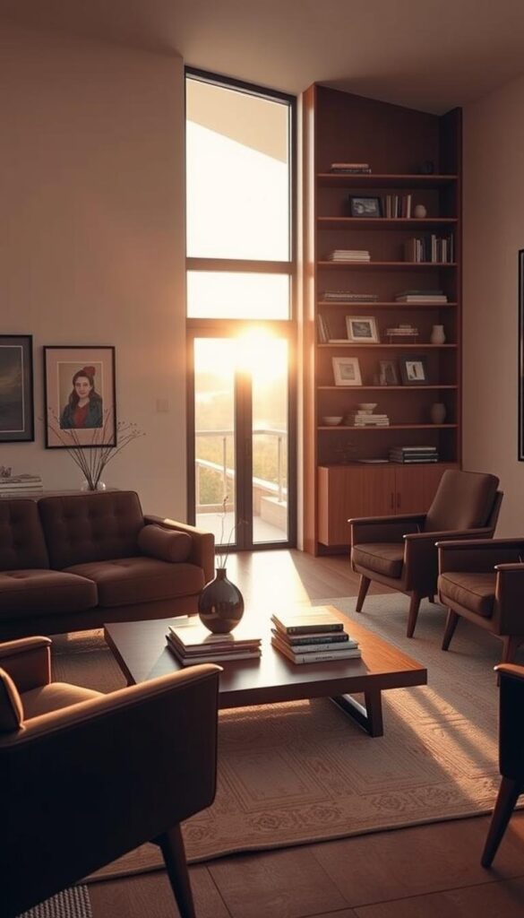 A cozy, mid-century modern living room with warm lighting and clean lines. Centered is a plush, tufted sofa in a rich jewel-toned velvet, complemented by a pair of sleek, angular armchairs. A low-profile, teak coffee table anchors the arrangement, its smooth surface accented by a minimalist vase and a few stacked books. In the background, a tall, slim bookshelf showcases a curated collection of vintage knickknacks and framed artwork, casting a soft glow. Through a large window, the setting sun paints the room in a golden hue, creating a serene and inviting atmosphere. A cozy, mid-century modern living room with warm lighting and clean lines. Centered is a plush, tufted sofa in a rich jewel-toned velvet, complemented by a pair of sleek, angular armchairs. A low-profile, teak coffee table anchors the arrangement, its smooth surface accented by a minimalist vase and a few stacked books. In the background, a tall, slim bookshelf showcases a curated collection of vintage knickknacks and framed artwork, casting a soft glow. Through a large window, the setting sun paints the room in a golden hue, creating a serene and inviting atmosphere.
