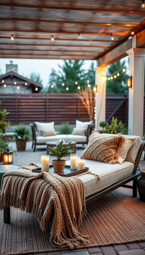 A cozy, modern outdoor living space with plush textiles and accessories. In the foreground, a comfortable chaise lounge adorned with a knitted throw and decorative pillows in warm, earthy tones. In the middle ground, a woven area rug and a low coffee table with a potted plant and a tray of scented candles. The background features a wooden pergola structure, gently illuminated by soft, romantic lighting, creating a serene and inviting atmosphere. The overall scene conveys a sense of relaxation and year-round comfort. A cozy, modern outdoor living space with plush textiles and accessories. In the foreground, a comfortable chaise lounge adorned with a knitted throw and decorative pillows in warm, earthy tones. In the middle ground, a woven area rug and a low coffee table with a potted plant and a tray of scented candles. The background features a wooden pergola structure, gently illuminated by soft, romantic lighting, creating a serene and inviting atmosphere. The overall scene conveys a sense of relaxation and year-round comfort.