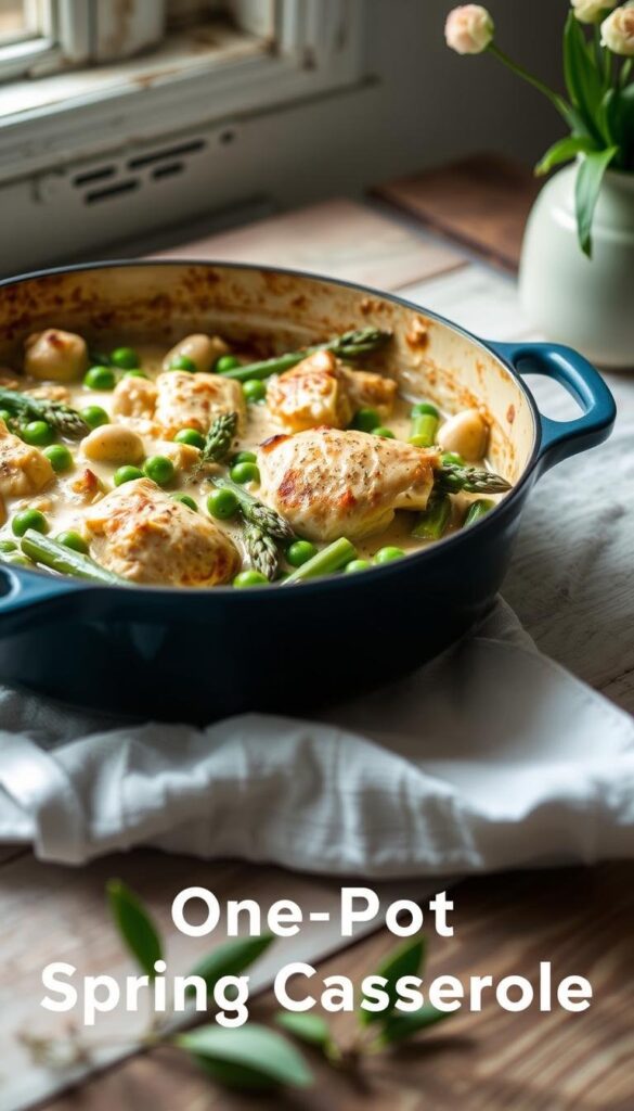 A cozy one-pot spring casserole, with tender chicken, fresh asparagus, and vibrant peas, nestled in a creamy sauce, garnished with fragrant thyme. The dish is set against a background of a rustic, wooden table, with a light, airy atmosphere, lit by soft, natural lighting from a nearby window. The image has a warm, inviting tone, capturing the essence of effortless, nourishing spring cooking. A cozy one-pot spring casserole, with tender chicken, fresh asparagus, and vibrant peas, nestled in a creamy sauce, garnished with fragrant thyme. The dish is set against a background of a rustic, wooden table, with a light, airy atmosphere, lit by soft, natural lighting from a nearby window. The image has a warm, inviting tone, capturing the essence of effortless, nourishing spring cooking.
