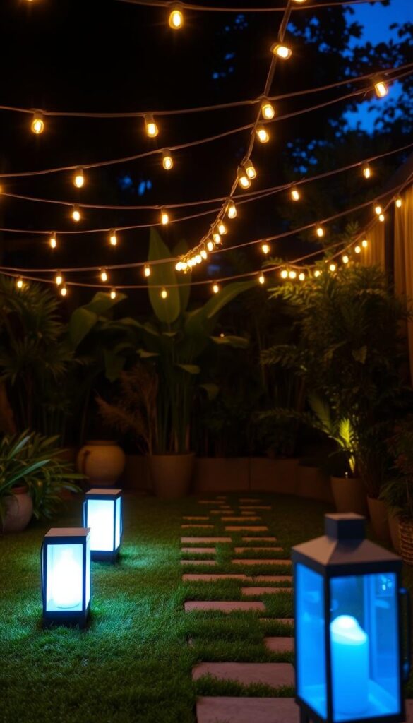 A cozy outdoor space illuminated by a mix of warm string lights cascading overhead, sleek path markers guiding the way, and strategically placed lanterns casting a soft glow. The scene exudes a serene, inviting ambiance, perfect for an evening of relaxation. Lush greenery and natural textures in the background create a tranquil, nature-inspired backdrop. The lighting setup, artfully balanced, elevates the space, transforming it into a welcoming, enchanting oasis for entertaining or quiet contemplation. A cozy outdoor space illuminated by a mix of warm string lights cascading overhead, sleek path markers guiding the way, and strategically placed lanterns casting a soft glow. The scene exudes a serene, inviting ambiance, perfect for an evening of relaxation. Lush greenery and natural textures in the background create a tranquil, nature-inspired backdrop. The lighting setup, artfully balanced, elevates the space, transforming it into a welcoming, enchanting oasis for entertaining or quiet contemplation.