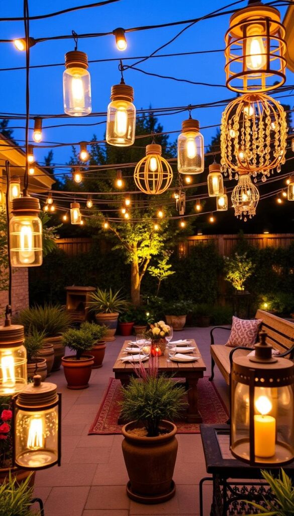 A cozy patio bathed in the warm glow of string lights and lanterns, creating a inviting atmosphere for year-round outdoor living. In the foreground, an array of DIY lighting fixtures - vintage glass jars, repurposed metal cans, and whimsical outdoor chandeliers - cast a soft, ambient light across the seating area. The middle ground features potted plants, rustic wooden benches, and a small dining table set for an intimate gathering. In the background, the patio is framed by lush greenery and a few strategically placed floodlights that subtly illuminate the surrounding landscape, blending the indoor and outdoor spaces. The overall mood is one of relaxation, celebration, and effortless elegance. A cozy patio bathed in the warm glow of string lights and lanterns, creating a inviting atmosphere for year-round outdoor living. In the foreground, an array of DIY lighting fixtures - vintage glass jars, repurposed metal cans, and whimsical outdoor chandeliers - cast a soft, ambient light across the seating area. The middle ground features potted plants, rustic wooden benches, and a small dining table set for an intimate gathering. In the background, the patio is framed by lush greenery and a few strategically placed floodlights that subtly illuminate the surrounding landscape, blending the indoor and outdoor spaces. The overall mood is one of relaxation, celebration, and effortless elegance.