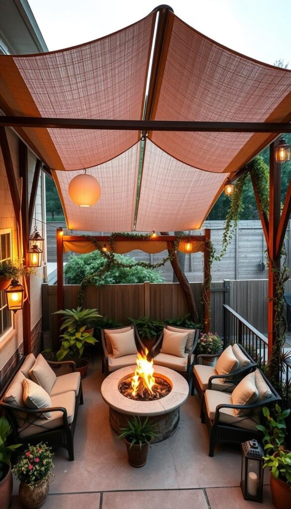 A cozy patio with an elegant canopy overhead, designed to shield from sun and rain. Sturdy wooden beams and a fabric awning in a soft, earthy tone create a warm, inviting ambiance. Plush outdoor seating with plump cushions nestled around a central fire pit, its flickering flames casting a gentle glow. Potted plants and trailing vines adorn the space, infusing it with a touch of nature. The scene is illuminated by strategically placed lanterns, casting a soft, diffused light and enhancing the sense of comfort and protection. A high-angle view captures the entire setting, showcasing the harmonious integration of form, function, and atmosphere. A cozy patio with an elegant canopy overhead, designed to shield from sun and rain. Sturdy wooden beams and a fabric awning in a soft, earthy tone create a warm, inviting ambiance. Plush outdoor seating with plump cushions nestled around a central fire pit, its flickering flames casting a gentle glow. Potted plants and trailing vines adorn the space, infusing it with a touch of nature. The scene is illuminated by strategically placed lanterns, casting a soft, diffused light and enhancing the sense of comfort and protection. A high-angle view captures the entire setting, showcasing the harmonious integration of form, function, and atmosphere.