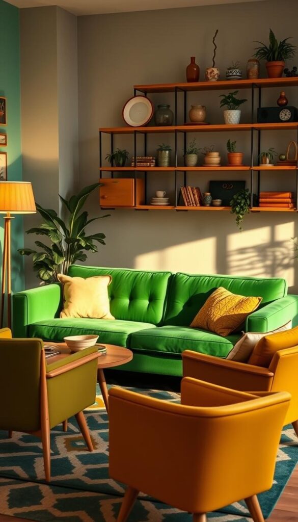 A cozy retro-inspired living room filled with a mid-century modern sofa in a vibrant jewel-toned color scheme. The sofa is the focal point, its plush velvet upholstery in a rich emerald green hue, complemented by a pair of matching armchairs in a complementary mustard yellow. Soft lighting from a vintage-style floor lamp casts a warm glow over the scene, highlighting the natural wood tones of the coffee table and side tables. In the background, a geometric-patterned area rug in shades of teal and ochre adds depth and visual interest, while a wall-mounted shelving unit displays an eclectic mix of vintage decor and potted plants. The overall atmosphere evokes a sense of timeless elegance and nostalgic charm. A cozy retro-inspired living room filled with a mid-century modern sofa in a vibrant jewel-toned color scheme. The sofa is the focal point, its plush velvet upholstery in a rich emerald green hue, complemented by a pair of matching armchairs in a complementary mustard yellow. Soft lighting from a vintage-style floor lamp casts a warm glow over the scene, highlighting the natural wood tones of the coffee table and side tables. In the background, a geometric-patterned area rug in shades of teal and ochre adds depth and visual interest, while a wall-mounted shelving unit displays an eclectic mix of vintage decor and potted plants. The overall atmosphere evokes a sense of timeless elegance and nostalgic charm.
