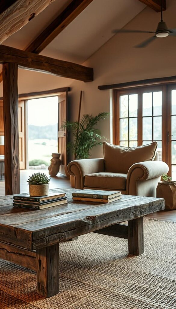 A cozy, rustic living room with warm lighting and natural textures. In the foreground, a weathered wooden coffee table topped with a potted succulent and a stack of vintage books. Midground, an overstuffed armchair upholstered in earthy tones, complemented by a woven floor rug. The background features exposed beams, whitewashed walls, and a large window framing a serene outdoor landscape. Soft, diffused lighting casts a gentle glow, evoking a sense of tranquility and imperfect beauty. The overall aesthetic blends organic materials, muted colors, and a relaxed, lived-in atmosphere, embodying the principles of Wabi-Sabi and sustainable living. A cozy, rustic living room with warm lighting and natural textures. In the foreground, a weathered wooden coffee table topped with a potted succulent and a stack of vintage books. Midground, an overstuffed armchair upholstered in earthy tones, complemented by a woven floor rug. The background features exposed beams, whitewashed walls, and a large window framing a serene outdoor landscape. Soft, diffused lighting casts a gentle glow, evoking a sense of tranquility and imperfect beauty. The overall aesthetic blends organic materials, muted colors, and a relaxed, lived-in atmosphere, embodying the principles of Wabi-Sabi and sustainable living.