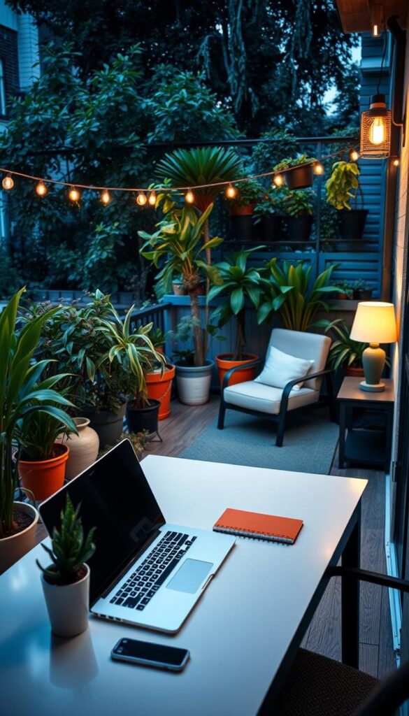 A cozy, stylish balcony with an outdoor workspace setup. In the foreground, a sleek, minimalist desk with a laptop, stationery, and a potted plant. Midground has a comfortable armchair and a side table with a lamp, creating a relaxing reading nook. The background features lush greenery, potted plants, and string lights creating a warm, inviting ambiance. The scene is bathed in soft, natural lighting, captured with a wide-angle lens to showcase the entire space. The overall mood is one of productivity and tranquility, perfect for a small urban oasis. A cozy, stylish balcony with an outdoor workspace setup. In the foreground, a sleek, minimalist desk with a laptop, stationery, and a potted plant. Midground has a comfortable armchair and a side table with a lamp, creating a relaxing reading nook. The background features lush greenery, potted plants, and string lights creating a warm, inviting ambiance. The scene is bathed in soft, natural lighting, captured with a wide-angle lens to showcase the entire space. The overall mood is one of productivity and tranquility, perfect for a small urban oasis.
