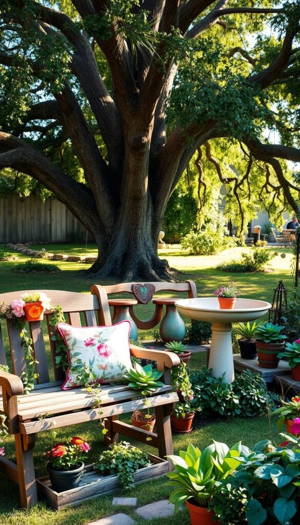 A cozy, sun-dappled backyard scene, showcasing a variety of enchanting DIY garden decor. In the foreground, a rustic wooden bench adorned with a plush floral cushion and a pair of vibrant, handcrafted ceramic planters. Trailing vines and blooming flowers cascade over the edges, adding a lush, organic touch. In the middle ground, a whimsical bird bath crafted from repurposed materials, surrounded by a vibrant array of potted succulents and leafy greenery. Soft, diffused lighting filters through the canopy of a majestic oak tree in the background, creating a warm, inviting atmosphere. The scene exudes a sense of tranquility and personalized charm, perfectly complementing the "Essential Garden Furniture" section of the article. A cozy, sun-dappled backyard scene, showcasing a variety of enchanting DIY garden decor. In the foreground, a rustic wooden bench adorned with a plush floral cushion and a pair of vibrant, handcrafted ceramic planters. Trailing vines and blooming flowers cascade over the edges, adding a lush, organic touch. In the middle ground, a whimsical bird bath crafted from repurposed materials, surrounded by a vibrant array of potted succulents and leafy greenery. Soft, diffused lighting filters through the canopy of a majestic oak tree in the background, creating a warm, inviting atmosphere. The scene exudes a sense of tranquility and personalized charm, perfectly complementing the "Essential Garden Furniture" section of the article.