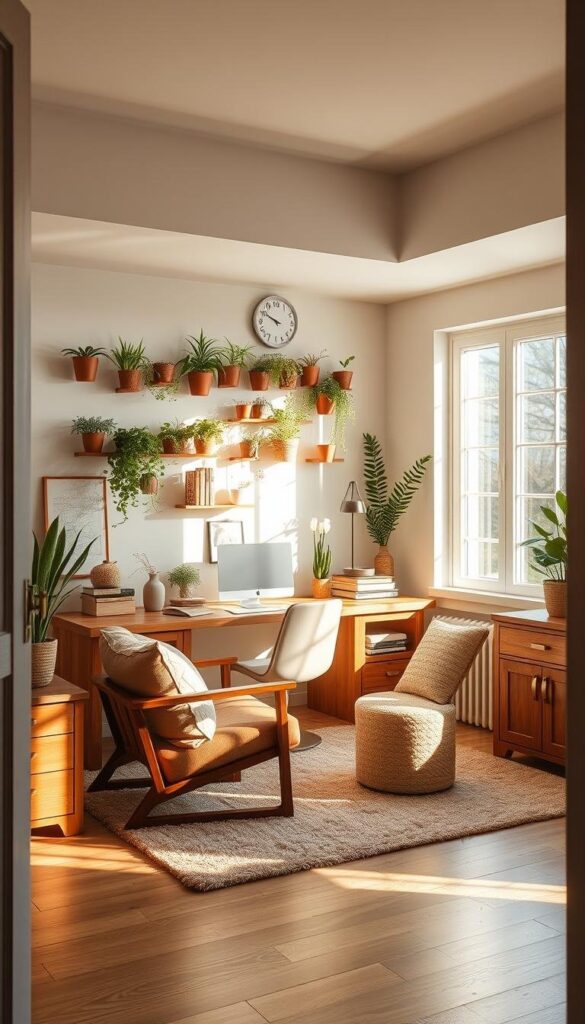 A cozy, sun-drenched home office nestled in a serene corner of a spacious room. Warm wooden furnishings and natural textures create a harmonious, productivity-boosting ambiance. A large window floods the space with soft, diffused natural light, casting gentle shadows and highlighting a tasteful wall-mounted plant display. Comfortable seating and ample desk space invite focused work, while a plush area rug and tasteful decor pieces lend a sense of elegance and personal style. The overall composition emanates a sense of tranquility and balance, perfectly suited for a dedicated, distraction-free home office. A cozy, sun-drenched home office nestled in a serene corner of a spacious room. Warm wooden furnishings and natural textures create a harmonious, productivity-boosting ambiance. A large window floods the space with soft, diffused natural light, casting gentle shadows and highlighting a tasteful wall-mounted plant display. Comfortable seating and ample desk space invite focused work, while a plush area rug and tasteful decor pieces lend a sense of elegance and personal style. The overall composition emanates a sense of tranquility and balance, perfectly suited for a dedicated, distraction-free home office.