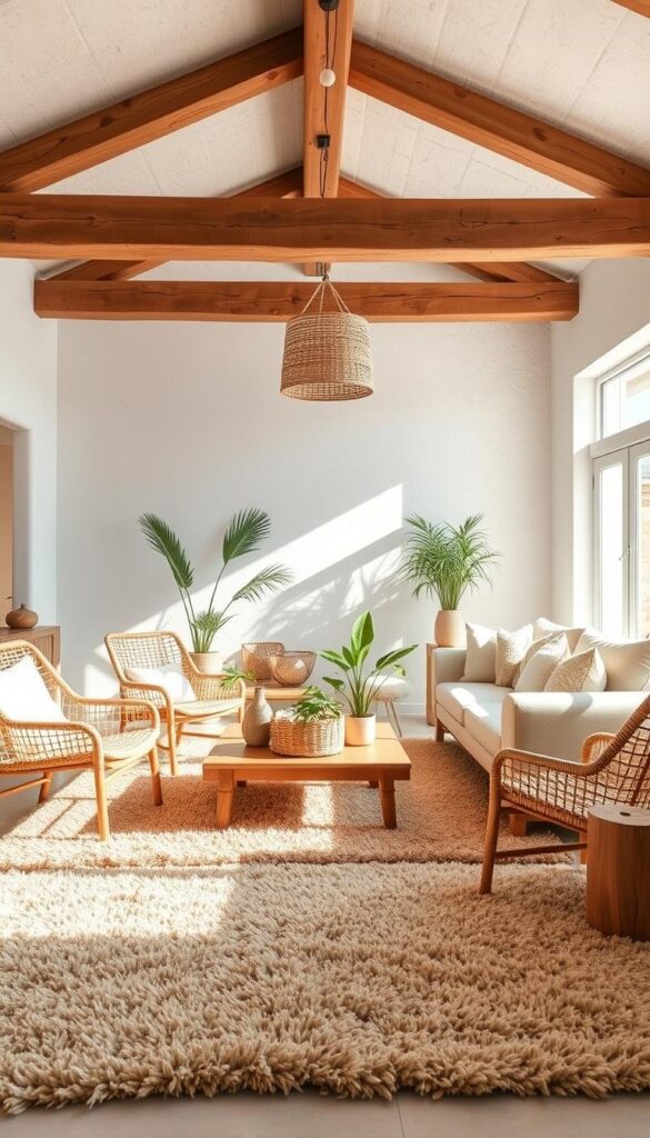A cozy, sun-drenched living room with natural textures and materials. In the foreground, a plush, earthy-toned rug anchors the space, bordered by a low, wooden coffee table topped with a woven basket and potted plants. A pair of rattan armchairs flank a large, linen-upholstered sofa, creating an inviting seating arrangement. Overhead, a rustic, wooden beam ceiling casts a warm, ambient glow, complemented by a hanging pendant light with a natural woven shade. The walls feature a textured, light-colored plaster finish, while large windows allow ample natural light to filter in, illuminating the natural materials throughout. The overall atmosphere is one of calm, serene simplicity, perfectly suited for a breezy summer refresh. A cozy, sun-drenched living room with natural textures and materials. In the foreground, a plush, earthy-toned rug anchors the space, bordered by a low, wooden coffee table topped with a woven basket and potted plants. A pair of rattan armchairs flank a large, linen-upholstered sofa, creating an inviting seating arrangement. Overhead, a rustic, wooden beam ceiling casts a warm, ambient glow, complemented by a hanging pendant light with a natural woven shade. The walls feature a textured, light-colored plaster finish, while large windows allow ample natural light to filter in, illuminating the natural materials throughout. The overall atmosphere is one of calm, serene simplicity, perfectly suited for a breezy summer refresh.