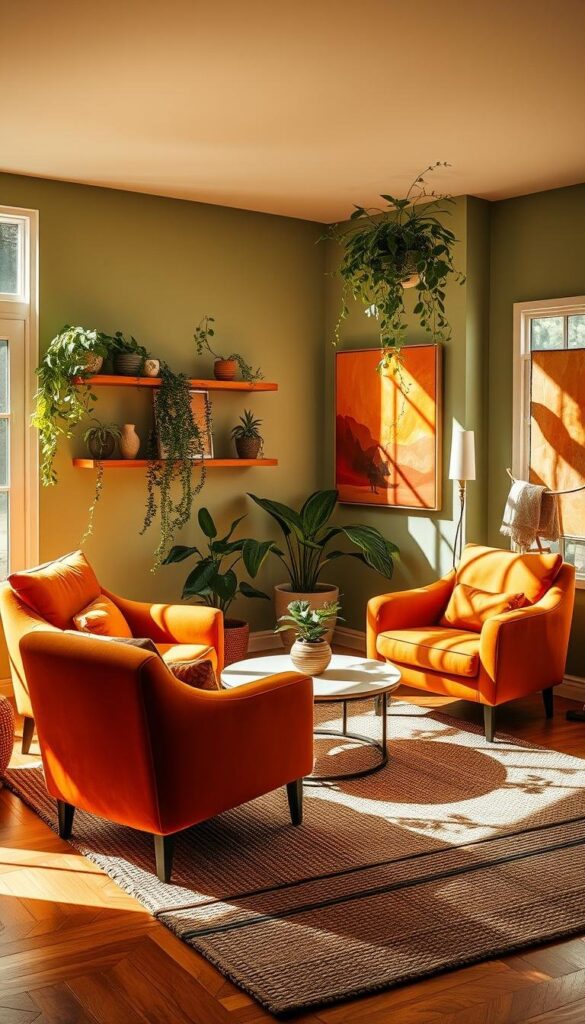 A cozy, sun-drenched living room with vibrant orange and yellow accents. Soft, plush armchairs in a deep ochre hue are positioned around a minimalist coffee table. Trailing houseplants cascade from floating shelves, casting dappled shadows on the warm-toned hardwood floors. The walls are painted in a soothing sage green, complemented by abstract artwork in shades of terracotta. Large windows flood the space with natural light, illuminating the textured woven rug and highlighting the room's serene, inviting atmosphere. A cozy, sun-drenched living room with vibrant orange and yellow accents. Soft, plush armchairs in a deep ochre hue are positioned around a minimalist coffee table. Trailing houseplants cascade from floating shelves, casting dappled shadows on the warm-toned hardwood floors. The walls are painted in a soothing sage green, complemented by abstract artwork in shades of terracotta. Large windows flood the space with natural light, illuminating the textured woven rug and highlighting the room's serene, inviting atmosphere.
