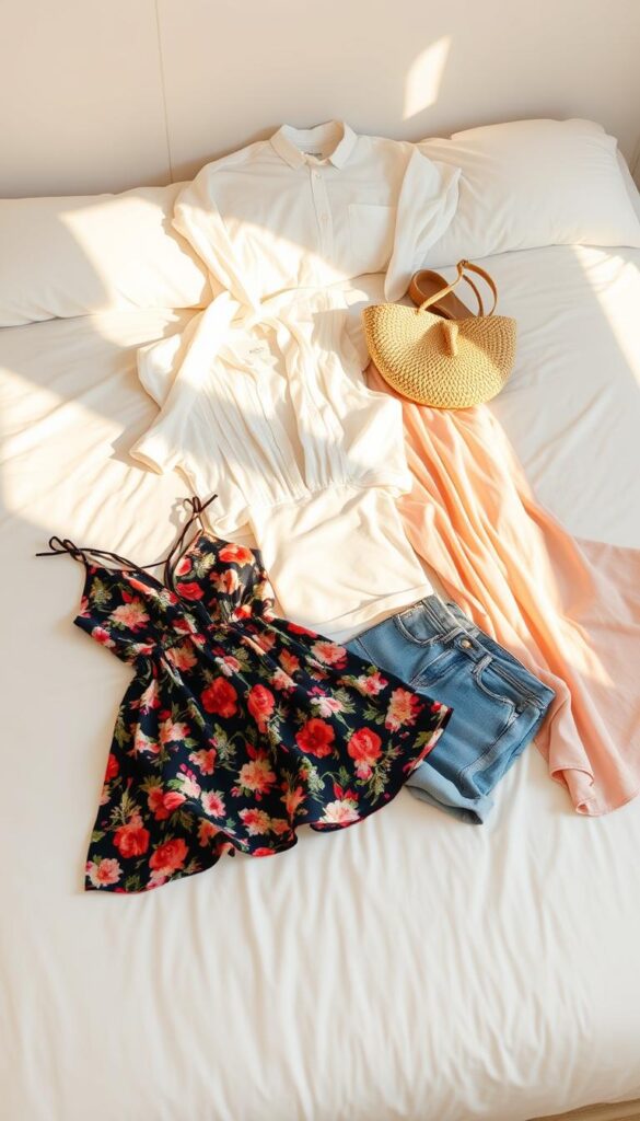 A cozy, sun-drenched summer vacation capsule wardrobe lays neatly arranged on a crisp white bed. In the foreground, a flowing sundress in a vibrant floral print sits alongside a pair of high-waisted denim shorts and a fitted white tank top. In the middle ground, a lightweight linen button-down shirt and a gauzy maxi skirt in a soft pastel hue stand out. In the background, a pair of comfortable yet stylish sandals and a straw tote bag complete the effortless, versatile ensemble. The warm, golden lighting creates a relaxed, inviting atmosphere, embodying the essence of carefree summer travel. A cozy, sun-drenched summer vacation capsule wardrobe lays neatly arranged on a crisp white bed. In the foreground, a flowing sundress in a vibrant floral print sits alongside a pair of high-waisted denim shorts and a fitted white tank top. In the middle ground, a lightweight linen button-down shirt and a gauzy maxi skirt in a soft pastel hue stand out. In the background, a pair of comfortable yet stylish sandals and a straw tote bag complete the effortless, versatile ensemble. The warm, golden lighting creates a relaxed, inviting atmosphere, embodying the essence of carefree summer travel.