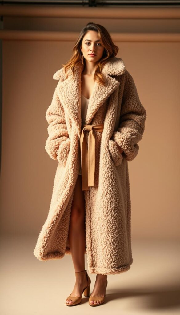 A cozy teddy coat styled to perfection, photographed in a warm, well-lit studio setting. In the foreground, the soft, plush fabric cascades gracefully, showcasing its luxurious texture. In the middle ground, the coat is cinched at the waist with a complementary belt, highlighting the silhouette. The background features a neutral, minimalist backdrop, allowing the coat to be the star of the scene. The lighting is soft and diffused, creating a flattering, studio-quality look. The camera angle is slightly elevated, creating a sense of elegance and sophistication. The overall mood is one of effortless style and comfort, inspiring the viewer to emulate these pro-level teddy coat styling tips. A cozy teddy coat styled to perfection, photographed in a warm, well-lit studio setting. In the foreground, the soft, plush fabric cascades gracefully, showcasing its luxurious texture. In the middle ground, the coat is cinched at the waist with a complementary belt, highlighting the silhouette. The background features a neutral, minimalist backdrop, allowing the coat to be the star of the scene. The lighting is soft and diffused, creating a flattering, studio-quality look. The camera angle is slightly elevated, creating a sense of elegance and sophistication. The overall mood is one of effortless style and comfort, inspiring the viewer to emulate these pro-level teddy coat styling tips.