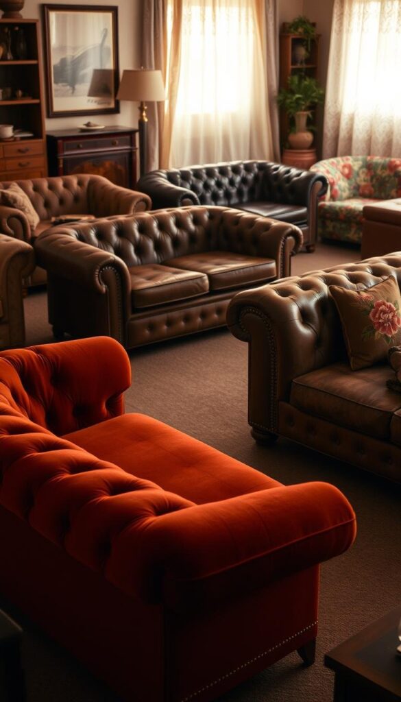 A cozy vintage living room filled with an array of stylish retro sofas. In the foreground, a plush tufted velvet sofa in a deep rust hue sits prominently, its curved arms and cabriole legs evoking a mid-century flair. In the middle ground, a classic chesterfield sofa in a rich, weathered leather reclines, its button-tufted back and nailhead trim adding a touch of sophisticated elegance. In the background, a sleek, streamlined sofa in a vibrant floral pattern adds a playful, eclectic note, complementing the vintage-inspired palette of warm browns, burgundies, and earth tones. Soft lighting filters through lace curtains, casting a gentle, nostalgic glow over the scene. The overall atmosphere exudes a sense of timeless style and inviting comfort. A cozy vintage living room filled with an array of stylish retro sofas. In the foreground, a plush tufted velvet sofa in a deep rust hue sits prominently, its curved arms and cabriole legs evoking a mid-century flair. In the middle ground, a classic chesterfield sofa in a rich, weathered leather reclines, its button-tufted back and nailhead trim adding a touch of sophisticated elegance. In the background, a sleek, streamlined sofa in a vibrant floral pattern adds a playful, eclectic note, complementing the vintage-inspired palette of warm browns, burgundies, and earth tones. Soft lighting filters through lace curtains, casting a gentle, nostalgic glow over the scene. The overall atmosphere exudes a sense of timeless style and inviting comfort.