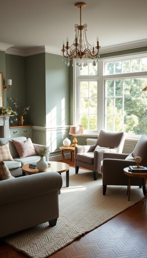 A cozy, well-appointed preppy living room bathed in warm natural light. The walls are painted in a soft, muted palette of cool greens and blues - sage, eucalyptus, and soft periwinkle. The plush area rug features a classic herringbone pattern in shades of cream and camel. Scattered throughout are decorative accents in crisp white, brass, and subdued pink - a ceramic vase, a crystal chandelier, and a pair of velvet armchairs. The large window overlooking a lush garden casts a gentle glow, creating a serene, timeless atmosphere. A cozy, well-appointed preppy living room bathed in warm natural light. The walls are painted in a soft, muted palette of cool greens and blues - sage, eucalyptus, and soft periwinkle. The plush area rug features a classic herringbone pattern in shades of cream and camel. Scattered throughout are decorative accents in crisp white, brass, and subdued pink - a ceramic vase, a crystal chandelier, and a pair of velvet armchairs. The large window overlooking a lush garden casts a gentle glow, creating a serene, timeless atmosphere.