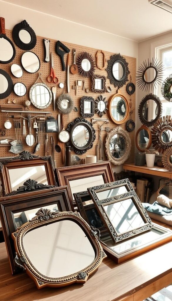 A cozy, well-lit DIY workshop brimming with mirror-based home decor projects. In the foreground, a selection of framed mirrors in various shapes and sizes sit on a wooden workbench, adorned with intricate wooden carvings and metallic accents. In the middle ground, a pegboard displays an array of DIY mirror-making tools and supplies, from glass cutters to adhesives. The background showcases a range of completed mirror projects, from chic vanity mirrors to rustic-inspired wall hangings, all bathed in warm, natural lighting filtering in through large windows. The overall atmosphere exudes a sense of creativity, craftiness, and a passion for transforming spaces through the use of mirrors. A cozy, well-lit DIY workshop brimming with mirror-based home decor projects. In the foreground, a selection of framed mirrors in various shapes and sizes sit on a wooden workbench, adorned with intricate wooden carvings and metallic accents. In the middle ground, a pegboard displays an array of DIY mirror-making tools and supplies, from glass cutters to adhesives. The background showcases a range of completed mirror projects, from chic vanity mirrors to rustic-inspired wall hangings, all bathed in warm, natural lighting filtering in through large windows. The overall atmosphere exudes a sense of creativity, craftiness, and a passion for transforming spaces through the use of mirrors.