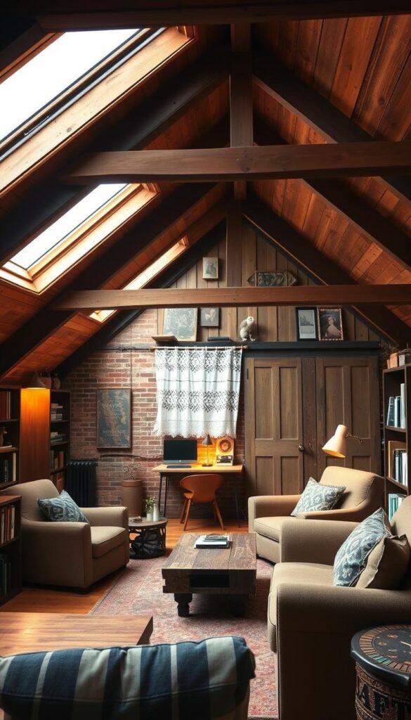 A cozy, well-lit attic space with exposed wooden beams and skylights, showcasing a range of renovation ideas. Warm, diffused lighting creates a inviting ambiance, accentuating the rustic charm. In the foreground, a plush seating area with comfortable armchairs and a reclaimed wood coffee table. Bookcases line the walls, filled with eclectic decor and personal mementos. In the middle ground, a small desk setup with a vintage laptop and desk lamp, suggesting a functional home office. The background features a mix of textures, including brick walls, weathered wood paneling, and a delicate lace curtain, adding depth and character to the scene. An overall sense of warmth, coziness, and thoughtful design permeates the image. A cozy, well-lit attic space with exposed wooden beams and skylights, showcasing a range of renovation ideas. Warm, diffused lighting creates a inviting ambiance, accentuating the rustic charm. In the foreground, a plush seating area with comfortable armchairs and a reclaimed wood coffee table. Bookcases line the walls, filled with eclectic decor and personal mementos. In the middle ground, a small desk setup with a vintage laptop and desk lamp, suggesting a functional home office. The background features a mix of textures, including brick walls, weathered wood paneling, and a delicate lace curtain, adding depth and character to the scene. An overall sense of warmth, coziness, and thoughtful design permeates the image.