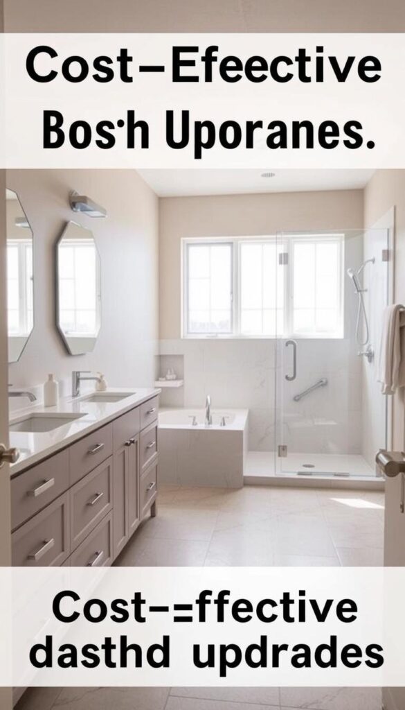 A cozy, well-lit bathroom layout with a modern vanity, sleek tile flooring, and minimalist fixtures. The foreground features a spacious double sink vanity with clean lines and ample storage space. The middle ground showcases a generously-sized shower enclosure with a frameless glass door, complemented by a neutral tile pattern. In the background, a large window allows natural light to flood the space, creating a bright and airy atmosphere. The overall design exudes a sense of simplicity and practicality, emphasizing cost-effective yet stylish upgrades. A cozy, well-lit bathroom layout with a modern vanity, sleek tile flooring, and minimalist fixtures. The foreground features a spacious double sink vanity with clean lines and ample storage space. The middle ground showcases a generously-sized shower enclosure with a frameless glass door, complemented by a neutral tile pattern. In the background, a large window allows natural light to flood the space, creating a bright and airy atmosphere. The overall design exudes a sense of simplicity and practicality, emphasizing cost-effective yet stylish upgrades.