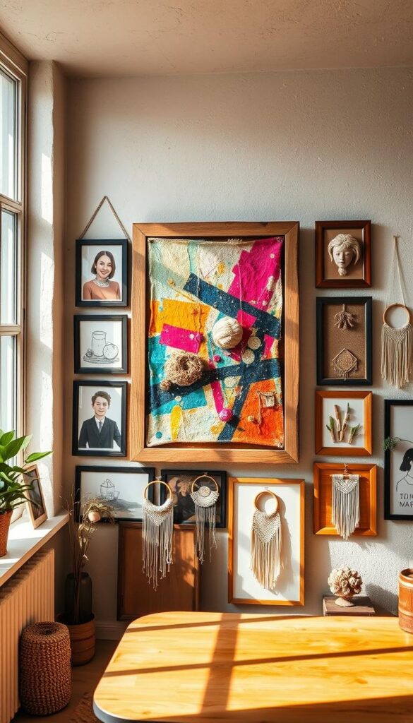 A cozy, well-lit home studio setting with a gallery wall showcasing an eclectic mix of framed DIY artwork, photographs, and artisanal décor pieces. The focal point is a large, rustic wooden frame displaying a vibrant abstract painting created with acrylic paints and various textural elements like yarn, burlap, and natural fibers. Surrounding the main centerpiece are smaller frames housing creative wall hangings, such as hand-stitched embroidery hoops, macramé wall hangings, and minimalist line drawings. Warm, diffused lighting from a large window casts a soft glow, highlighting the tactile details and creating an inviting, artisanal ambiance. The background features neutral-toned walls with subtle textural elements, complementing the handmade aesthetic of the displayed artworks. A cozy, well-lit home studio setting with a gallery wall showcasing an eclectic mix of framed DIY artwork, photographs, and artisanal décor pieces. The focal point is a large, rustic wooden frame displaying a vibrant abstract painting created with acrylic paints and various textural elements like yarn, burlap, and natural fibers. Surrounding the main centerpiece are smaller frames housing creative wall hangings, such as hand-stitched embroidery hoops, macramé wall hangings, and minimalist line drawings. Warm, diffused lighting from a large window casts a soft glow, highlighting the tactile details and creating an inviting, artisanal ambiance. The background features neutral-toned walls with subtle textural elements, complementing the handmade aesthetic of the displayed artworks.