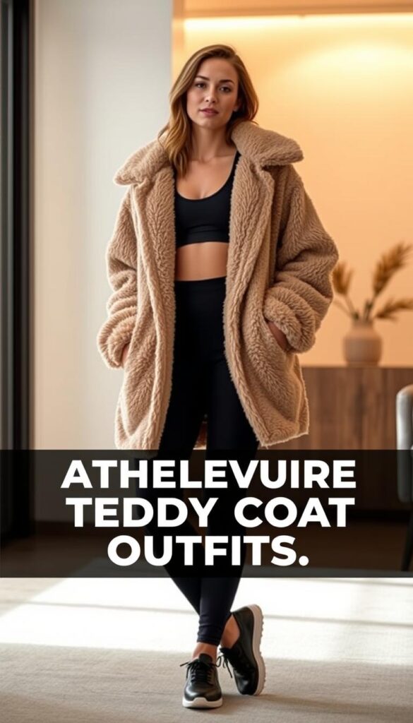 A cozy, well-lit indoor scene showcasing a woman in an oversized, fuzzy teddy coat paired with stylish athleisure pieces. The teddy coat is in a neutral shade, perhaps camel or oatmeal, worn over a black sports bra and high-waisted leggings. The woman is posed casually, perhaps standing or sitting, with a relaxed, effortless expression. The background features a minimalist, clean-lined interior design with warm, soft lighting, complementing the comfort and coziness of the outfit. The image conveys a sense of easy, elevated athleisure style, perfect for the "Athleisure-Inspired Teddy Coat Outfits" section. A cozy, well-lit indoor scene showcasing a woman in an oversized, fuzzy teddy coat paired with stylish athleisure pieces. The teddy coat is in a neutral shade, perhaps camel or oatmeal, worn over a black sports bra and high-waisted leggings. The woman is posed casually, perhaps standing or sitting, with a relaxed, effortless expression. The background features a minimalist, clean-lined interior design with warm, soft lighting, complementing the comfort and coziness of the outfit. The image conveys a sense of easy, elevated athleisure style, perfect for the "Athleisure-Inspired Teddy Coat Outfits" section.