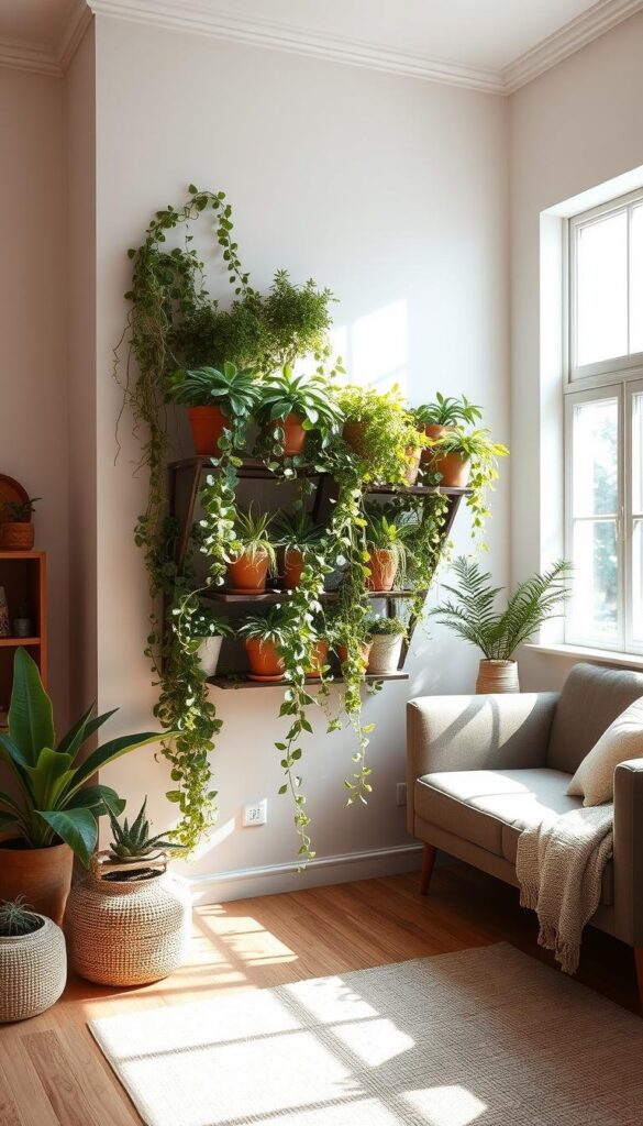 A cozy, well-lit interior with a vertical garden adorning the wall, serving as a natural, vibrant accent piece. The plant-covered structure spans the length of the room, casting gentle shadows and diffused lighting. Potted succulents and trailing vines spill over the edges, creating a lush, layered effect. The space is minimalist yet warm, with neutral tones and natural textures complementing the verdant centerpiece. A large window floods the room with soft, natural illumination, enhancing the serene, calming atmosphere. The vertical garden seamlessly blends with the overall decor, demonstrating an affordable and accessible way to bring the outdoors in. A cozy, well-lit interior with a vertical garden adorning the wall, serving as a natural, vibrant accent piece. The plant-covered structure spans the length of the room, casting gentle shadows and diffused lighting. Potted succulents and trailing vines spill over the edges, creating a lush, layered effect. The space is minimalist yet warm, with neutral tones and natural textures complementing the verdant centerpiece. A large window floods the room with soft, natural illumination, enhancing the serene, calming atmosphere. The vertical garden seamlessly blends with the overall decor, demonstrating an affordable and accessible way to bring the outdoors in.