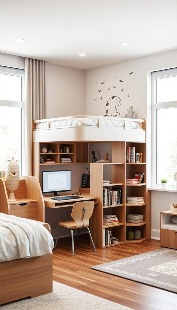 A cozy, well-lit kids' bedroom with a cleverly designed, space-saving furniture arrangement. In the foreground, a multifunctional loft bed with built-in storage and a compact desk underneath. Beside it, a sleek, modular shelving unit holds books, toys, and decor. In the middle ground, a low bookshelf doubles as a room divider, creating a cozy reading nook. The background features expansive windows letting in natural light, with minimal yet whimsical wall decor. The overall atmosphere is one of organization, functionality, and a touch of playfulness, perfectly suited for a child's personal space. A cozy, well-lit kids' bedroom with a cleverly designed, space-saving furniture arrangement. In the foreground, a multifunctional loft bed with built-in storage and a compact desk underneath. Beside it, a sleek, modular shelving unit holds books, toys, and decor. In the middle ground, a low bookshelf doubles as a room divider, creating a cozy reading nook. The background features expansive windows letting in natural light, with minimal yet whimsical wall decor. The overall atmosphere is one of organization, functionality, and a touch of playfulness, perfectly suited for a child's personal space.