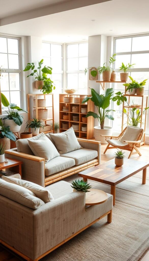 A cozy, well-lit living room showcasing a variety of environmentally-friendly home furnishings. In the foreground, a large bamboo sofa with plush cushions sits atop a reclaimed wood coffee table. Flanking the sofa are two bamboo end tables, each with a potted succulent plant. In the middle ground, a mid-century inspired bamboo armchair and a bamboo bookshelf filled with natural-fiber baskets. The background features large windows letting in abundant natural light, casting a warm glow on the space. Lush, verdant plants in the corners and on floating shelves further enhance the organic, eco-conscious ambiance. The entire scene exudes a sense of comfort, sustainability, and modern, minimalist design. A cozy, well-lit living room showcasing a variety of environmentally-friendly home furnishings. In the foreground, a large bamboo sofa with plush cushions sits atop a reclaimed wood coffee table. Flanking the sofa are two bamboo end tables, each with a potted succulent plant. In the middle ground, a mid-century inspired bamboo armchair and a bamboo bookshelf filled with natural-fiber baskets. The background features large windows letting in abundant natural light, casting a warm glow on the space. Lush, verdant plants in the corners and on floating shelves further enhance the organic, eco-conscious ambiance. The entire scene exudes a sense of comfort, sustainability, and modern, minimalist design.