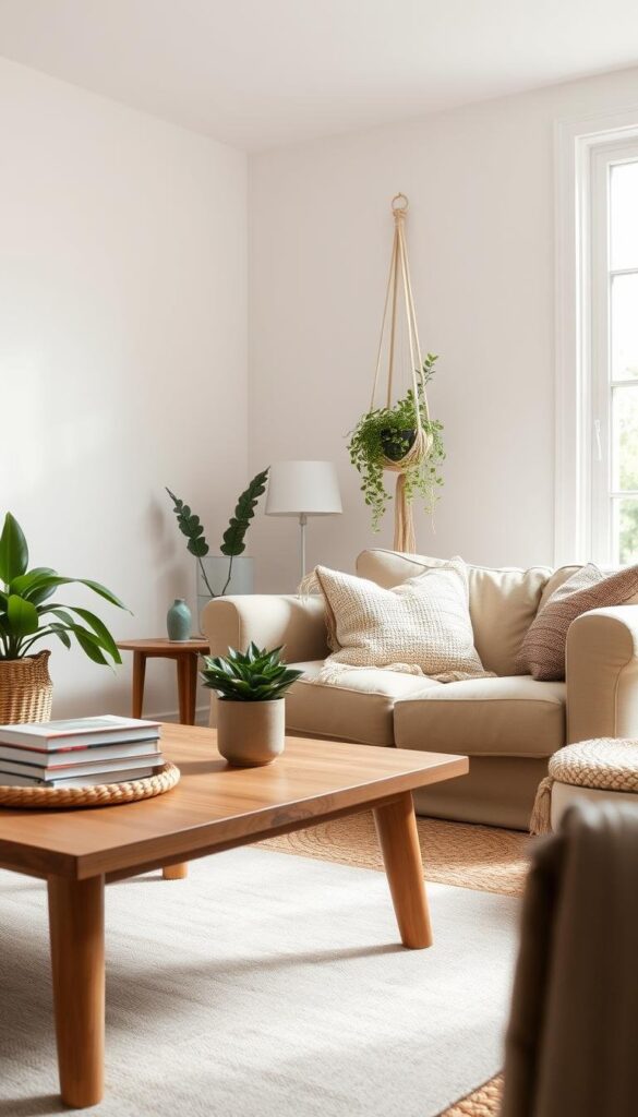 A cozy, well-lit living room with a focus on eco-conscious decor. In the foreground, a minimalist wooden coffee table displays an assortment of natural materials - a woven basket, a stack of books, and a potted plant. The middle ground features a comfortable linen sofa, accented by a handwoven throw pillow and a jute area rug. Hanging on the wall, a macrame plant holder suspends a trailing houseplant. The background showcases a large window, allowing natural light to flood the space and highlighting the muted, earthy color palette. The overall atmosphere is calming and inviting, conveying a sense of sustainability and mindfulness within a modest budget. A cozy, well-lit living room with a focus on eco-conscious decor. In the foreground, a minimalist wooden coffee table displays an assortment of natural materials - a woven basket, a stack of books, and a potted plant. The middle ground features a comfortable linen sofa, accented by a handwoven throw pillow and a jute area rug. Hanging on the wall, a macrame plant holder suspends a trailing houseplant. The background showcases a large window, allowing natural light to flood the space and highlighting the muted, earthy color palette. The overall atmosphere is calming and inviting, conveying a sense of sustainability and mindfulness within a modest budget.