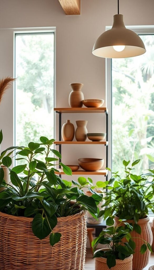 A cozy, well-lit modern interior with sustainable home accents in natural hues and organic textures. In the foreground, a woven rattan basket overflows with lush potted plants. On the middle shelves, handcrafted ceramic vases and sculptural wooden bowls showcase the beauty of artisanal craftsmanship. The background features a large window overlooking a verdant garden, allowing natural light to flood the space. Soft, diffused lighting from a minimalist pendant lamp creates a warm, inviting ambiance. The overall atmosphere conveys a sense of harmony between nature and contemporary design. A cozy, well-lit modern interior with sustainable home accents in natural hues and organic textures. In the foreground, a woven rattan basket overflows with lush potted plants. On the middle shelves, handcrafted ceramic vases and sculptural wooden bowls showcase the beauty of artisanal craftsmanship. The background features a large window overlooking a verdant garden, allowing natural light to flood the space. Soft, diffused lighting from a minimalist pendant lamp creates a warm, inviting ambiance. The overall atmosphere conveys a sense of harmony between nature and contemporary design.