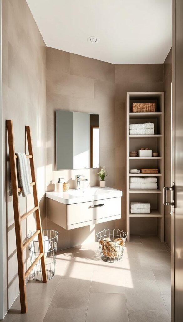 A cozy, well-organized bathroom with sleek, minimalist storage solutions. Bright, natural lighting filters through a large window, highlighting the clean lines of the floating vanity and built-in shelves. Muted earth-toned tiles cover the floor and walls, creating a calming, spa-like ambiance. Wooden accents, such as a ladder-style towel rack and a wire-framed laundry basket, add warmth and texture. Strategically placed mirrors reflect the space, creating an illusion of depth. The overall aesthetic is both practical and visually appealing, showcasing how a budget-friendly bathroom renovation can achieve a high-end, stylish look. A cozy, well-organized bathroom with sleek, minimalist storage solutions. Bright, natural lighting filters through a large window, highlighting the clean lines of the floating vanity and built-in shelves. Muted earth-toned tiles cover the floor and walls, creating a calming, spa-like ambiance. Wooden accents, such as a ladder-style towel rack and a wire-framed laundry basket, add warmth and texture. Strategically placed mirrors reflect the space, creating an illusion of depth. The overall aesthetic is both practical and visually appealing, showcasing how a budget-friendly bathroom renovation can achieve a high-end, stylish look.