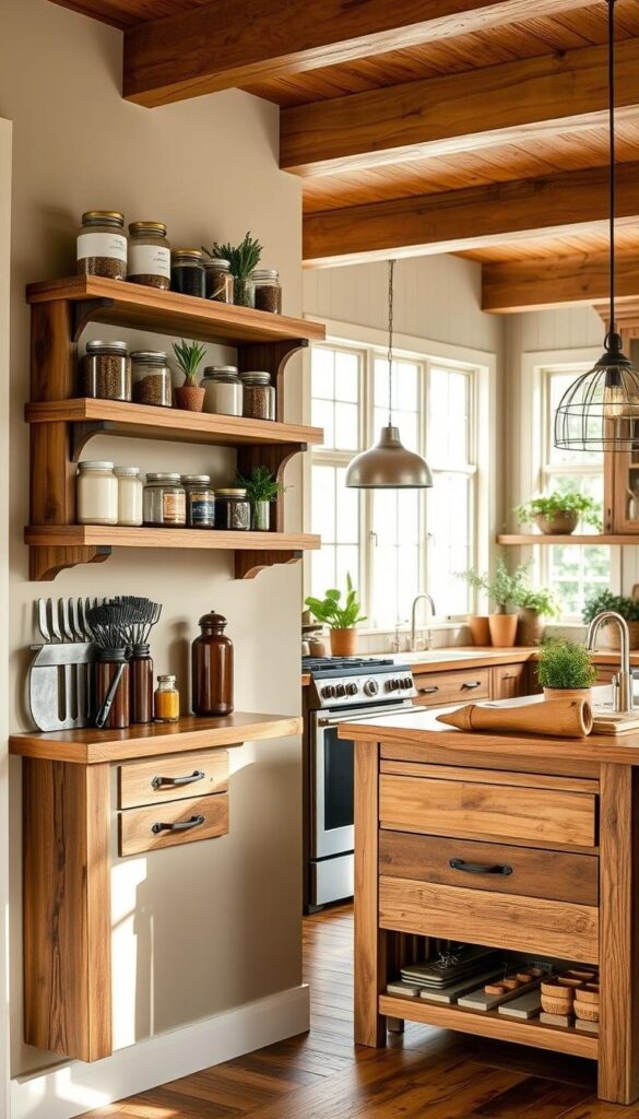 A cozy, well-organized kitchen with efficient storage solutions made from reclaimed wood. The foreground features a wall-mounted shelving unit crafted from repurposed barn wood, displaying an array of jars, canisters, and herbs. The middle ground showcases a rustic kitchen island with drawers and open shelves, complemented by a sleek stainless steel appliance suite. The background depicts a bright, airy space with large windows letting in natural light, highlighting the earthy tones and natural textures of the sustainable design elements. The overall atmosphere is one of warmth, practicality, and environmental consciousness. A cozy, well-organized kitchen with efficient storage solutions made from reclaimed wood. The foreground features a wall-mounted shelving unit crafted from repurposed barn wood, displaying an array of jars, canisters, and herbs. The middle ground showcases a rustic kitchen island with drawers and open shelves, complemented by a sleek stainless steel appliance suite. The background depicts a bright, airy space with large windows letting in natural light, highlighting the earthy tones and natural textures of the sustainable design elements. The overall atmosphere is one of warmth, practicality, and environmental consciousness.