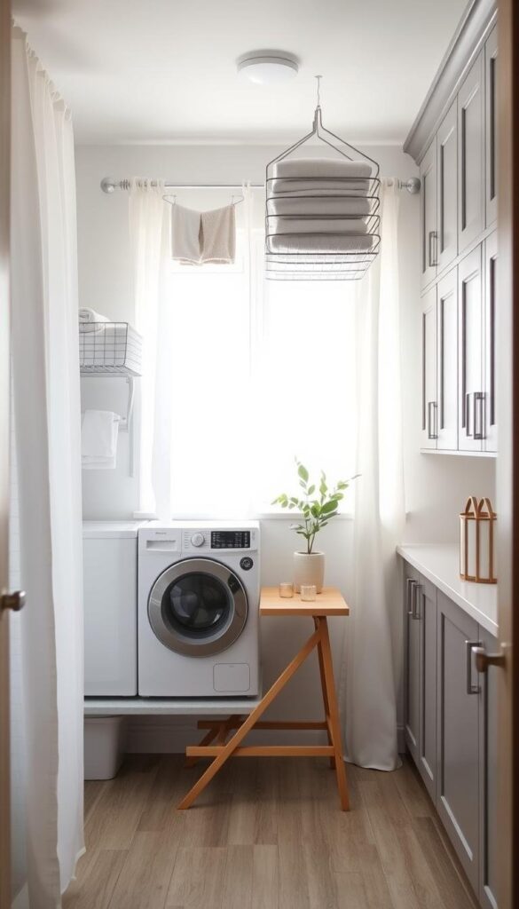 A cozy, well-organized laundry room with a budget-friendly aesthetic. Soft natural lighting filters through sheer curtains, illuminating a minimalist white-and-wood color scheme. In the foreground, a modern, compact washer and dryer combo sit atop a sleek floating shelf. Hanging above, simple wire wall racks hold neatly folded linens. In the middle ground, a small wooden table serves as a folding station, adorned with a potted plant and a few decorative accents. The background features built-in storage cabinets with muted gray doors, providing ample space for laundry supplies. The overall atmosphere is one of efficiency, organization, and thoughtful design on a budget. A cozy, well-organized laundry room with a budget-friendly aesthetic. Soft natural lighting filters through sheer curtains, illuminating a minimalist white-and-wood color scheme. In the foreground, a modern, compact washer and dryer combo sit atop a sleek floating shelf. Hanging above, simple wire wall racks hold neatly folded linens. In the middle ground, a small wooden table serves as a folding station, adorned with a potted plant and a few decorative accents. The background features built-in storage cabinets with muted gray doors, providing ample space for laundry supplies. The overall atmosphere is one of efficiency, organization, and thoughtful design on a budget.