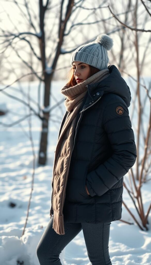 A cozy winter scene featuring a stylish figure dressed in a classic puffer jacket, standing amidst a snowy landscape. The jacket has a timeless silhouette, with a quilted pattern and a high collar for warmth. The figure is bundled up in a coordinating scarf and hat, creating a cohesive, well-thought-out outfit. The scene is bathed in a soft, diffused light, accentuating the textures and details of the clothing. In the background, bare trees and a snowy ground provide a minimalist, natural setting, emphasizing the focus on the central figure and their stylish, practical attire. The overall atmosphere is one of sophistication and timeless elegance, capturing the essence of a classic winter outfit with a puffer jacket at its core. A cozy winter scene featuring a stylish figure dressed in a classic puffer jacket, standing amidst a snowy landscape. The jacket has a timeless silhouette, with a quilted pattern and a high collar for warmth. The figure is bundled up in a coordinating scarf and hat, creating a cohesive, well-thought-out outfit. The scene is bathed in a soft, diffused light, accentuating the textures and details of the clothing. In the background, bare trees and a snowy ground provide a minimalist, natural setting, emphasizing the focus on the central figure and their stylish, practical attire. The overall atmosphere is one of sophistication and timeless elegance, capturing the essence of a classic winter outfit with a puffer jacket at its core.