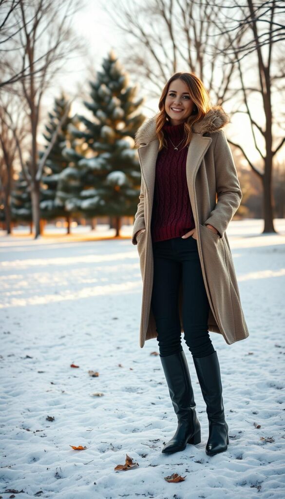 A cozy winter scene with a fashionable woman standing in a snowy park, wearing a warm and stylish ensemble of a burgundy cable-knit sweater, dark skinny jeans tucked into tall black leather boots, and a long beige wool coat with a fur-trimmed hood. Soft, diffused natural lighting filters through the bare trees, casting a golden glow over the scene. In the background, a row of snowy pine trees lines the edge of the park, and a few fallen leaves dot the ground around the woman's feet. The woman's expression is relaxed and content, as she enjoys the crisp autumn air and scenic winter landscape. A cozy winter scene with a fashionable woman standing in a snowy park, wearing a warm and stylish ensemble of a burgundy cable-knit sweater, dark skinny jeans tucked into tall black leather boots, and a long beige wool coat with a fur-trimmed hood. Soft, diffused natural lighting filters through the bare trees, casting a golden glow over the scene. In the background, a row of snowy pine trees lines the edge of the park, and a few fallen leaves dot the ground around the woman's feet. The woman's expression is relaxed and content, as she enjoys the crisp autumn air and scenic winter landscape.