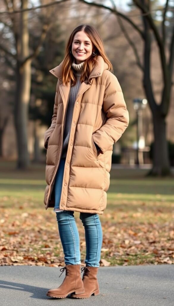 A cozy winter weekend outfit featuring a stylish puffer jacket. The subject is standing in a casual, relaxed pose, wearing a knee-length puffer coat in a neutral hue like tan or grey. The puffer has a high collar and a slightly oversized, but flattering fit. Underneath, the subject wears a simple, soft sweater in a complementary color and well-fitting blue jeans. The outfit is completed with sturdy, comfortable boots in a muted tone. The lighting is soft and natural, with the scene taking place outdoors in a park-like setting with trees in the background. The overall mood is one of effortless, relaxed weekend style. A cozy winter weekend outfit featuring a stylish puffer jacket. The subject is standing in a casual, relaxed pose, wearing a knee-length puffer coat in a neutral hue like tan or grey. The puffer has a high collar and a slightly oversized, but flattering fit. Underneath, the subject wears a simple, soft sweater in a complementary color and well-fitting blue jeans. The outfit is completed with sturdy, comfortable boots in a muted tone. The lighting is soft and natural, with the scene taking place outdoors in a park-like setting with trees in the background. The overall mood is one of effortless, relaxed weekend style.