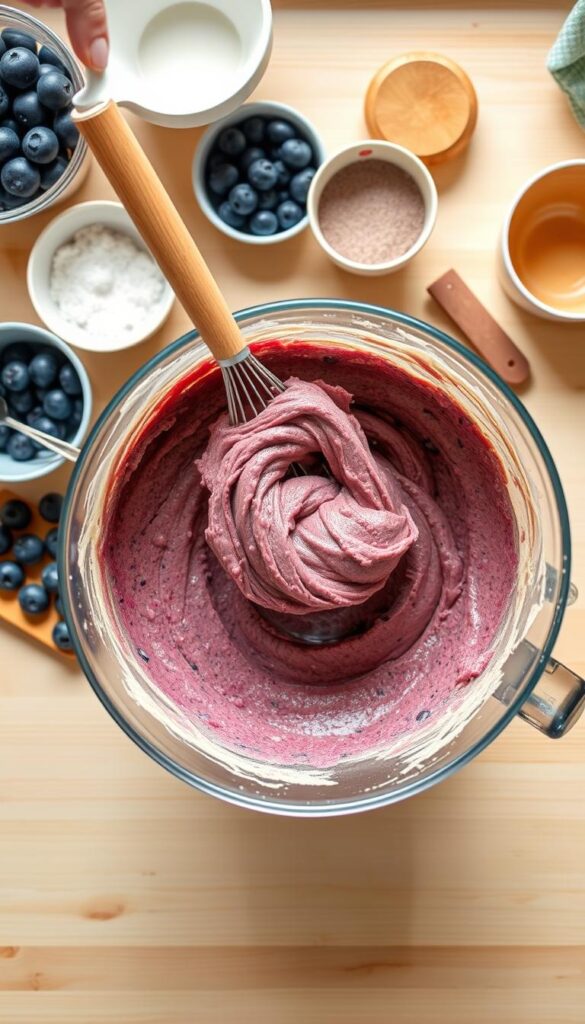 A crisp, well-lit overhead view of a kitchen counter, showcasing the step-by-step preparation of muffin batter. In the foreground, a mixing bowl filled with a lush, velvety blueberry muffin batter, the ingredients blended to a smooth, homogeneous consistency. Surrounding the bowl, an assortment of baking tools and implements, including a whisk, a wooden spoon, and measuring cups, all arranged in an orderly fashion. In the middle ground, a baker's hands gently folding the batter, creating a rhythmic, swirling motion. The background is softly blurred, highlighting the focus on the batter preparation technique. The lighting is warm and natural, casting a gentle glow over the scene, evoking a sense of homemade comfort and culinary craftsmanship. A crisp, well-lit overhead view of a kitchen counter, showcasing the step-by-step preparation of muffin batter. In the foreground, a mixing bowl filled with a lush, velvety blueberry muffin batter, the ingredients blended to a smooth, homogeneous consistency. Surrounding the bowl, an assortment of baking tools and implements, including a whisk, a wooden spoon, and measuring cups, all arranged in an orderly fashion. In the middle ground, a baker's hands gently folding the batter, creating a rhythmic, swirling motion. The background is softly blurred, highlighting the focus on the batter preparation technique. The lighting is warm and natural, casting a gentle glow over the scene, evoking a sense of homemade comfort and culinary craftsmanship.