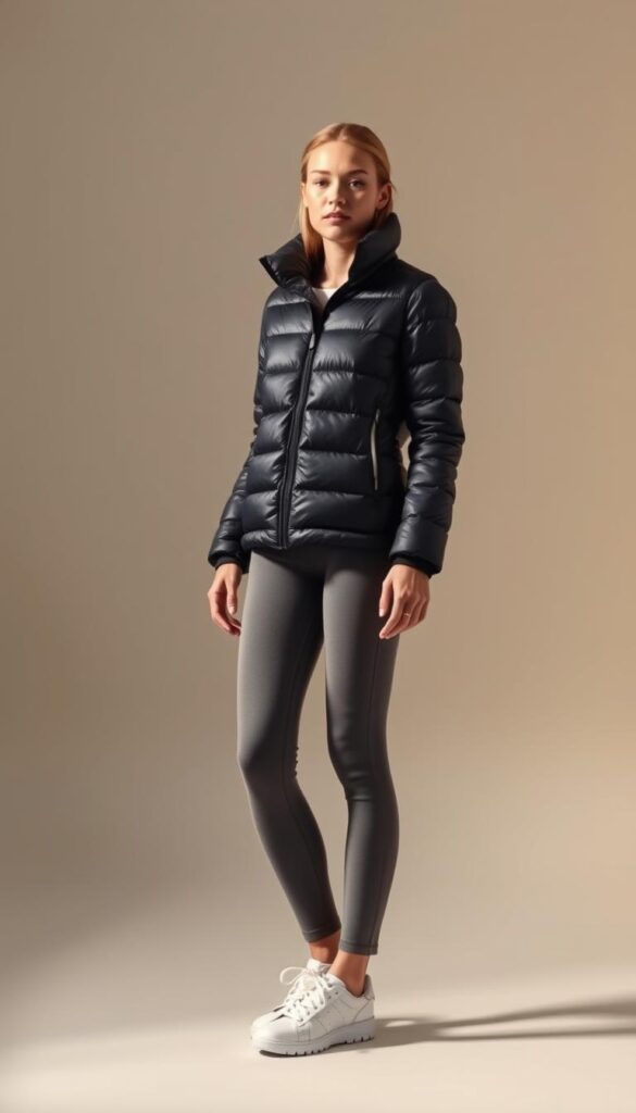 A crisp, well-lit scene showcasing a stylish athleisure outfit with a puffer jacket. In the foreground, a model stands confidently, dressed in a sleek black puffer jacket with a high collar and quilted pattern. The jacket is paired with slim-fit grey leggings and pristine white sneakers. The middle ground features a neutral-toned, minimalist background, allowing the outfit to take center stage. Soft, diffused lighting illuminates the scene, creating a warm and elevated atmosphere. The camera angle is slightly elevated, capturing the model's full-length figure and conveying a sense of effortless sophistication. The overall composition highlights the fusion of comfort and style, reflecting the essence of the "Elevated Athleisure Look." A crisp, well-lit scene showcasing a stylish athleisure outfit with a puffer jacket. In the foreground, a model stands confidently, dressed in a sleek black puffer jacket with a high collar and quilted pattern. The jacket is paired with slim-fit grey leggings and pristine white sneakers. The middle ground features a neutral-toned, minimalist background, allowing the outfit to take center stage. Soft, diffused lighting illuminates the scene, creating a warm and elevated atmosphere. The camera angle is slightly elevated, capturing the model's full-length figure and conveying a sense of effortless sophistication. The overall composition highlights the fusion of comfort and style, reflecting the essence of the "Elevated Athleisure Look."