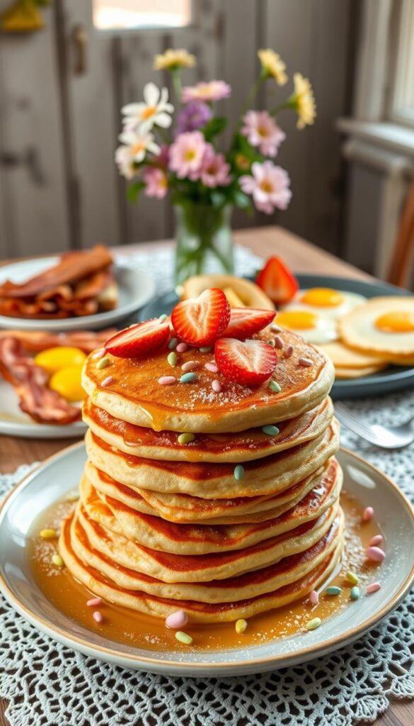 A delectable Easter brunch scene with a focal point on a stack of fluffy, golden-brown pancakes adorned with pastel-colored sprinkles, sliced strawberries, and a dusting of powdered sugar. In the middle ground, a platter of assorted breakfast items such as crispy bacon, scrambled eggs, and fresh fruit. The background features a rustic wooden table setting with a lace tablecloth, a vase of spring flowers, and soft, natural lighting filtering in from a nearby window, creating a warm and inviting atmosphere. Composition is balanced, with elements carefully arranged to draw the eye towards the centerpiece pancakes. A delectable Easter brunch scene with a focal point on a stack of fluffy, golden-brown pancakes adorned with pastel-colored sprinkles, sliced strawberries, and a dusting of powdered sugar. In the middle ground, a platter of assorted breakfast items such as crispy bacon, scrambled eggs, and fresh fruit. The background features a rustic wooden table setting with a lace tablecloth, a vase of spring flowers, and soft, natural lighting filtering in from a nearby window, creating a warm and inviting atmosphere. Composition is balanced, with elements carefully arranged to draw the eye towards the centerpiece pancakes.