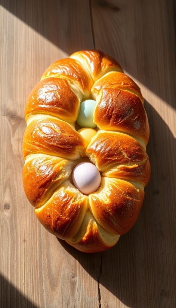 A delectable artisan Easter bread, its golden crust glistening under the warm glow of natural lighting. The lofty loaf rests on a rustic wooden surface, its intricate braided design gracefully unfolding. Vibrant pastel-colored eggs, carefully nestled within the fluffy dough, add a festive touch. The aroma of freshly baked yeast, fragrant spices, and a hint of citrus zest fill the air, inviting one to savor the rich, buttery texture and unique flavors. The composition is framed by a clean, minimalist background, allowing the artisanal bread to take center stage and showcase the care and craftsmanship that goes into creating this beloved Easter tradition. A delectable artisan Easter bread, its golden crust glistening under the warm glow of natural lighting. The lofty loaf rests on a rustic wooden surface, its intricate braided design gracefully unfolding. Vibrant pastel-colored eggs, carefully nestled within the fluffy dough, add a festive touch. The aroma of freshly baked yeast, fragrant spices, and a hint of citrus zest fill the air, inviting one to savor the rich, buttery texture and unique flavors. The composition is framed by a clean, minimalist background, allowing the artisanal bread to take center stage and showcase the care and craftsmanship that goes into creating this beloved Easter tradition.