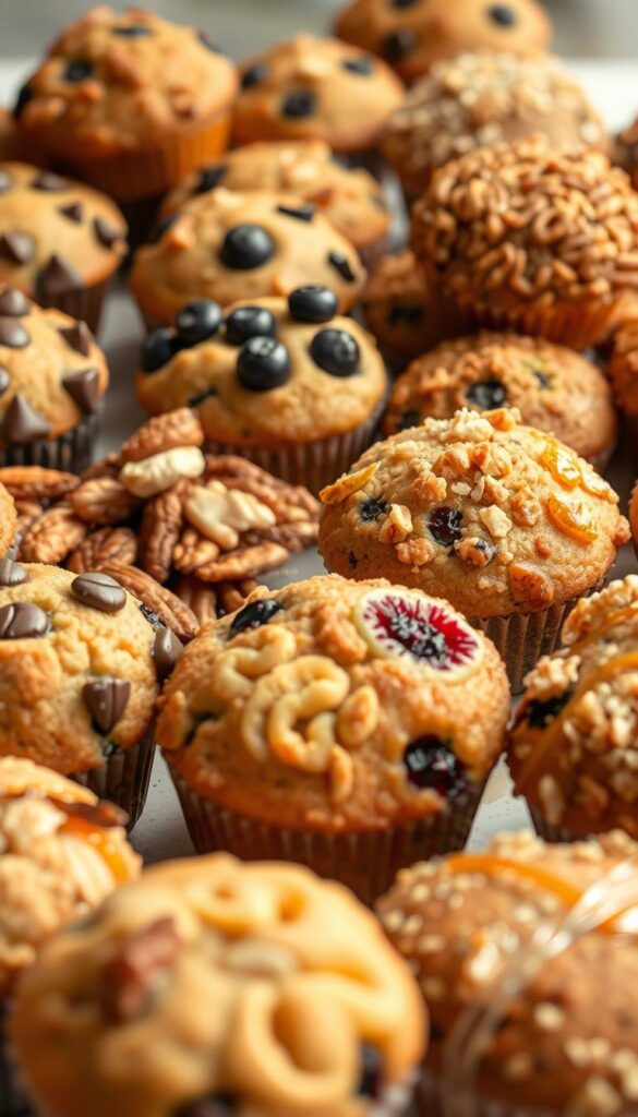 A delectable display of muffin variations, showcasing an array of enticing toppings and ingredients. In the foreground, a cluster of freshly baked muffins in various flavors, from classic chocolate chip to vibrant blueberry and tantalizing streusel-topped creations. The middle ground features a selection of complementary ingredients, such as toasted nuts, candied citrus zests, and glistening honey drizzle, inviting the viewer to envision the delightful textures and flavors. In the background, a soft, diffused lighting illuminates the scene, creating a warm and inviting atmosphere that captures the essence of homemade baking. Shot from a slightly elevated angle, the image emphasizes the diverse and enticing nature of these muffin variations, enticing the viewer to indulge in the delicious possibilities. A delectable display of muffin variations, showcasing an array of enticing toppings and ingredients. In the foreground, a cluster of freshly baked muffins in various flavors, from classic chocolate chip to vibrant blueberry and tantalizing streusel-topped creations. The middle ground features a selection of complementary ingredients, such as toasted nuts, candied citrus zests, and glistening honey drizzle, inviting the viewer to envision the delightful textures and flavors. In the background, a soft, diffused lighting illuminates the scene, creating a warm and inviting atmosphere that captures the essence of homemade baking. Shot from a slightly elevated angle, the image emphasizes the diverse and enticing nature of these muffin variations, enticing the viewer to indulge in the delicious possibilities.