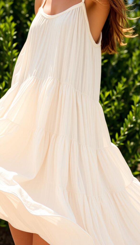 A delicate organic cotton tiered summer dress, its soft fabric billowing gently in a warm breeze. The dress features a flattering A-line silhouette, with intricate pleated tiers cascading down the flowing skirt. Sunlight filters through the lightweight material, casting a natural, earthy glow. The dress is photographed against a backdrop of lush greenery, evoking a sense of tranquility and sustainability. The composition is shot from a slightly elevated angle, highlighting the dress's graceful movement and elegant design. The overall mood is one of effortless summer style and a commitment to eco-friendly fashion. A delicate organic cotton tiered summer dress, its soft fabric billowing gently in a warm breeze. The dress features a flattering A-line silhouette, with intricate pleated tiers cascading down the flowing skirt. Sunlight filters through the lightweight material, casting a natural, earthy glow. The dress is photographed against a backdrop of lush greenery, evoking a sense of tranquility and sustainability. The composition is shot from a slightly elevated angle, highlighting the dress's graceful movement and elegant design. The overall mood is one of effortless summer style and a commitment to eco-friendly fashion.