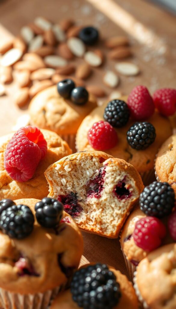 A delightful assortment of muffins, each one a unique canvas of flavors. In the foreground, a selection of freshly baked muffins, their tops adorned with an array of vibrant berries - juicy raspberries, plump blueberries, and tart blackberries. The midground showcases the cross-section of a muffin, revealing a moist, tender crumb and the occasional burst of berry goodness. In the background, a scattering of sliced almonds and a light dusting of powdered sugar, adding a touch of elegance and crunch. The scene is bathed in warm, natural lighting, casting a cozy, inviting atmosphere. The muffins are photographed at a close, intimate angle, highlighting their delectable details and enticing the viewer to indulge in these delightful flavor combinations. A delightful assortment of muffins, each one a unique canvas of flavors. In the foreground, a selection of freshly baked muffins, their tops adorned with an array of vibrant berries - juicy raspberries, plump blueberries, and tart blackberries. The midground showcases the cross-section of a muffin, revealing a moist, tender crumb and the occasional burst of berry goodness. In the background, a scattering of sliced almonds and a light dusting of powdered sugar, adding a touch of elegance and crunch. The scene is bathed in warm, natural lighting, casting a cozy, inviting atmosphere. The muffins are photographed at a close, intimate angle, highlighting their delectable details and enticing the viewer to indulge in these delightful flavor combinations.