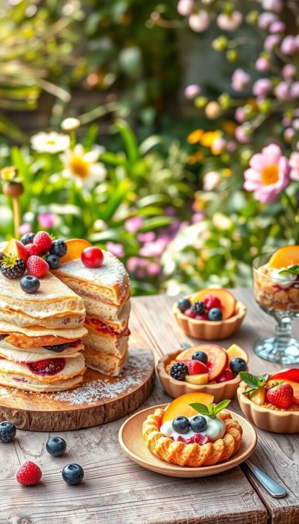 A delightful spring scene featuring a mouth-watering array of seasonal fruit desserts. In the foreground, a rustic wooden table showcases an eye-catching layer cake adorned with fresh berries, sliced peaches, and a dusting of powdered sugar. Surrounding the cake are individual servings of fruit tarts, cobblers, and parfaits, each brimming with vibrant citrus, stone fruits, and spring-kissed florals. The middle ground features a lush garden backdrop, with a gentle breeze rustling the foliage. Soft, natural lighting filters through the scene, creating a warm, inviting atmosphere. The overall composition evokes a sense of springtime abundance and the joyful celebration of seasonal produce in delectable dessert form. A delightful spring scene featuring a mouth-watering array of seasonal fruit desserts. In the foreground, a rustic wooden table showcases an eye-catching layer cake adorned with fresh berries, sliced peaches, and a dusting of powdered sugar. Surrounding the cake are individual servings of fruit tarts, cobblers, and parfaits, each brimming with vibrant citrus, stone fruits, and spring-kissed florals. The middle ground features a lush garden backdrop, with a gentle breeze rustling the foliage. Soft, natural lighting filters through the scene, creating a warm, inviting atmosphere. The overall composition evokes a sense of springtime abundance and the joyful celebration of seasonal produce in delectable dessert form.