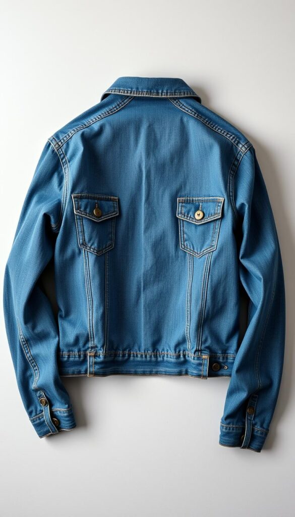 A detailed flat-lay image of a perfect denim jacket, showcasing its key style elements. The jacket is laid out on a clean, minimalist backdrop, illuminated by soft, diffused lighting that highlights its texture and color variations. The foreground features the jacket's collar, shoulders, and sleeve cuffs, emphasizing the cut and fit. The middle ground showcases the jacket's front and back, with a focus on the buttons, pockets, and stitching details. The background gently fades into a neutral, slightly textured surface, allowing the jacket to be the central focus. The overall mood is one of refined simplicity, guiding the viewer's attention to the essential components that define a well-crafted denim jacket foundation. A detailed flat-lay image of a perfect denim jacket, showcasing its key style elements. The jacket is laid out on a clean, minimalist backdrop, illuminated by soft, diffused lighting that highlights its texture and color variations. The foreground features the jacket's collar, shoulders, and sleeve cuffs, emphasizing the cut and fit. The middle ground showcases the jacket's front and back, with a focus on the buttons, pockets, and stitching details. The background gently fades into a neutral, slightly textured surface, allowing the jacket to be the central focus. The overall mood is one of refined simplicity, guiding the viewer's attention to the essential components that define a well-crafted denim jacket foundation.