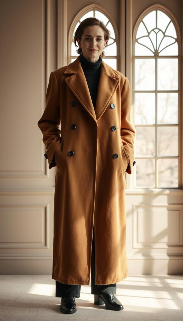 A dignified camel-colored coat with a timeless silhouette stands center stage, its luxurious fabric catching the soft light from an elegant, sun-dappled window. The coat's classic notched lapels and tailored lines exude refined sophistication, a sartorial statement that transcends trends. In the background, a muted color palette of subdued neutrals creates a serene, refined atmosphere, allowing the coat's elegant form to take center stage. Captured with a medium-wide angle lens, the image conveys a sense of tranquility and understated luxury, perfectly embodying the concept of "Seasonal Timeless Outfits That Transcend Trends." A dignified camel-colored coat with a timeless silhouette stands center stage, its luxurious fabric catching the soft light from an elegant, sun-dappled window. The coat's classic notched lapels and tailored lines exude refined sophistication, a sartorial statement that transcends trends. In the background, a muted color palette of subdued neutrals creates a serene, refined atmosphere, allowing the coat's elegant form to take center stage. Captured with a medium-wide angle lens, the image conveys a sense of tranquility and understated luxury, perfectly embodying the concept of "Seasonal Timeless Outfits That Transcend Trends."